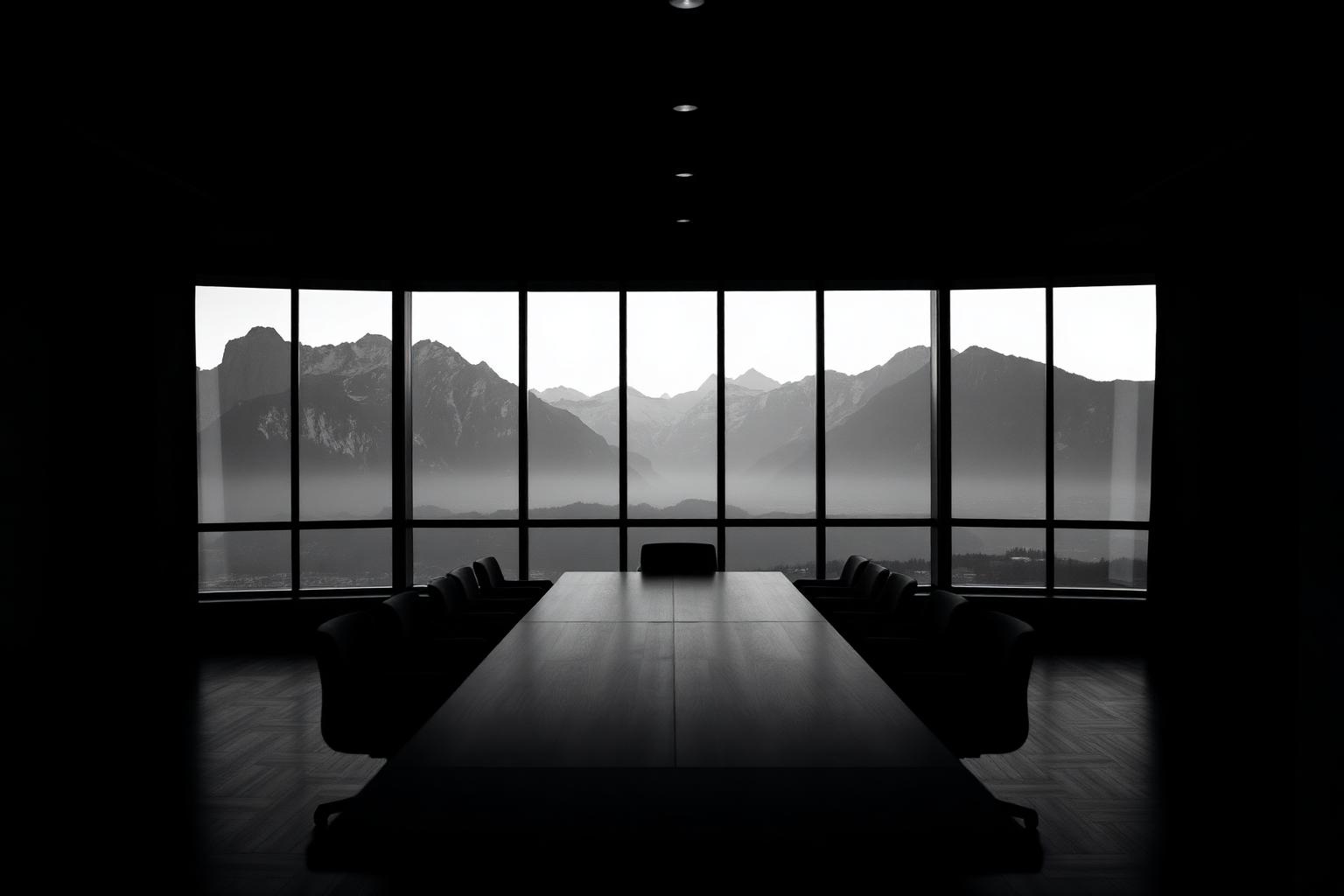 Salle de réunion contemporaine avec vue sur les Alpes.